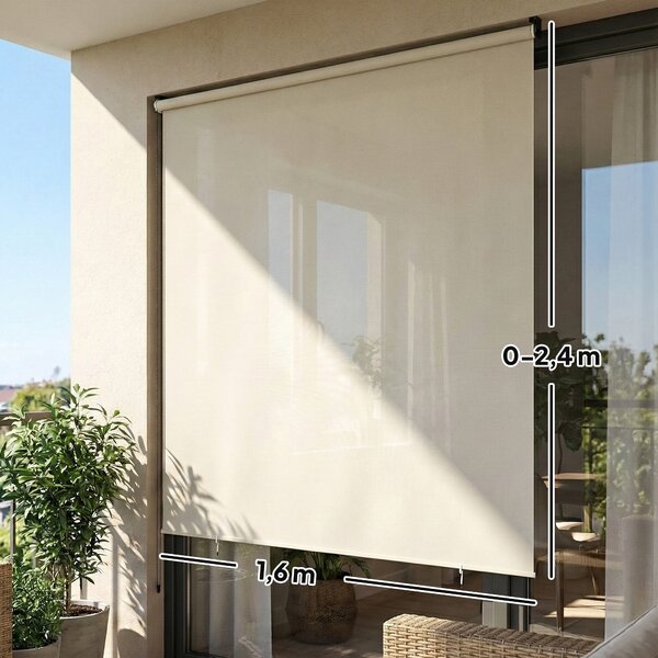 Outsunny venkovní zatemňovací roleta 2,4 x 1,6 m — zatahovací roleta pro soukromí, voděodolná, hliníkový rám & polyester 180 g/m², UPF 30+, krémová |