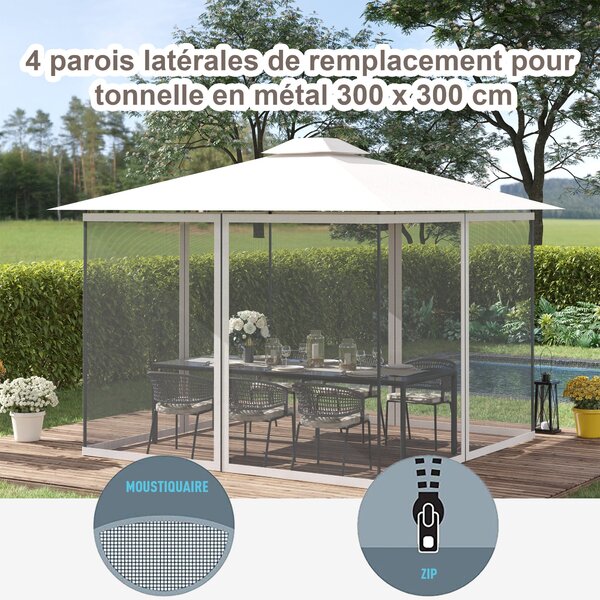 Outsunny Mosquito Nets for Gazebo/Canopy/Pavilion 3 x 3 m - Set of 4 Zippered Panels + Attachment Hooks - Polyester/Nylon | Aosom