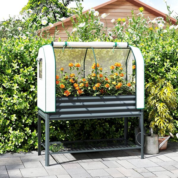 Outsunny vyvýšený záhon s PE krytem — pozinkovaný kovový květináč s výstelkou a spodní policí, 167 l, 120 × 55 × 140 cm, tmavě šedý | Aosom