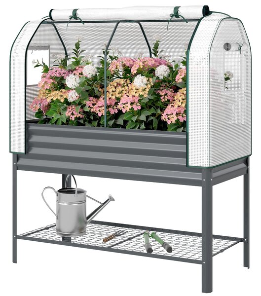 Outsunny vyvýšený záhon s PE krytem — pozinkovaný kovový květináč s výstelkou a spodní policí, 167 l, 120 × 55 × 140 cm, tmavě šedý | Aosom