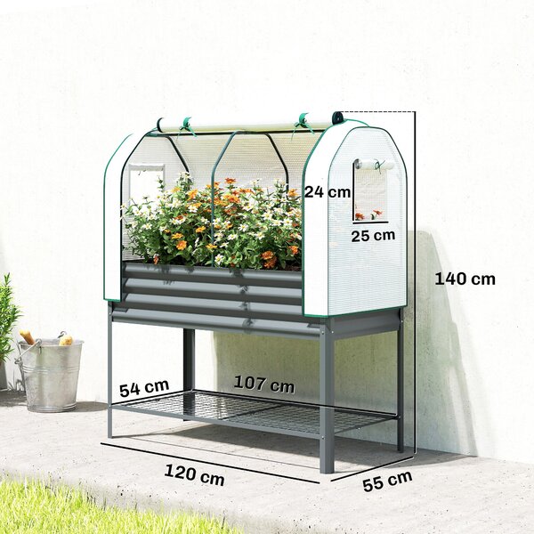 Outsunny vyvýšený záhon s PE krytem — pozinkovaný kovový květináč s výstelkou a spodní policí, 167 l, 120 × 55 × 140 cm, tmavě šedý | Aosom