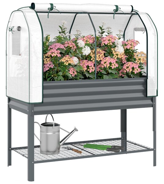 Outsunny vyvýšený záhon s PE krytem — pozinkovaný kovový květináč s výstelkou a spodní policí, 167 l, 120 × 55 × 140 cm, tmavě šedý | Aosom