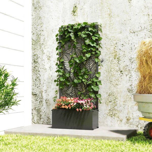 Outsunny kovový truhlík s mřížkou — vyvýšený záhon se zástěnou pro soukromí, listový vzor, 45 × 21,5 × 110 cm | Aosom