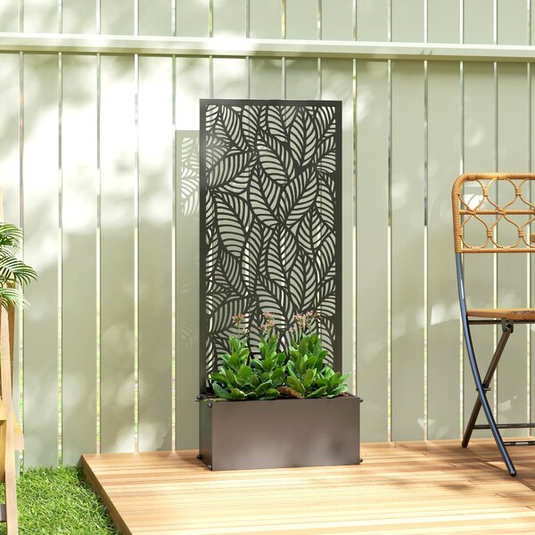 Outsunny kovový truhlík s mřížkou — vyvýšený záhon se zástěnou pro soukromí, listový vzor, 45 × 21,5 × 110 cm | Aosom