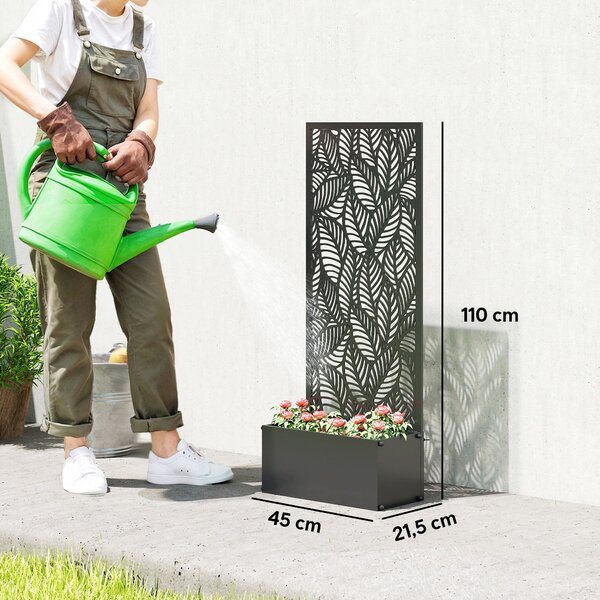 Outsunny kovový truhlík s mřížkou — vyvýšený záhon se zástěnou pro soukromí, listový vzor, 45 × 21,5 × 110 cm | Aosom
