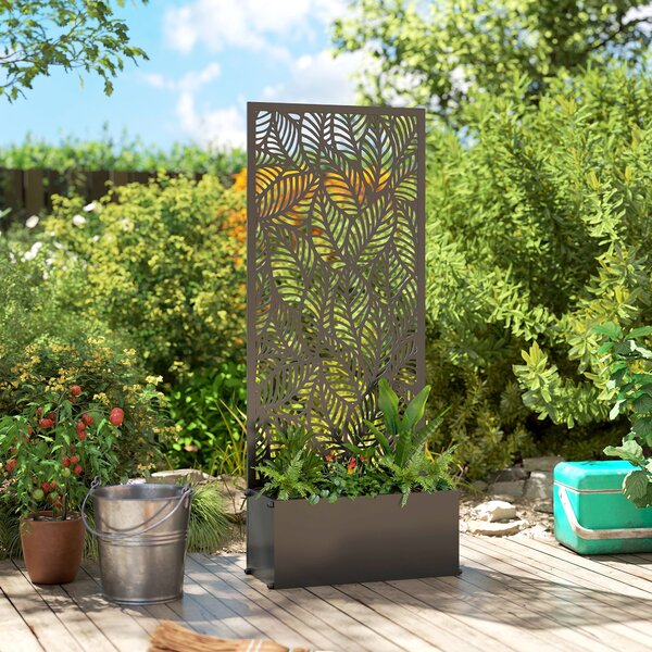 Outsunny kovový truhlík s mřížkou — vyvýšený záhon se zástěnou pro soukromí, listový vzor, 45 × 21,5 × 110 cm | Aosom