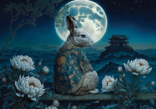 Postershop Fototapeta vliesová: Art Orient rabbit moon - 208x146 cm