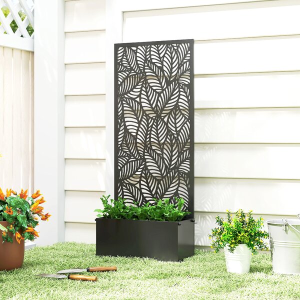 Outsunny kovový truhlík s mřížkou — vyvýšený záhon se zástěnou pro soukromí, listový vzor, 45 × 21,5 × 110 cm | Aosom