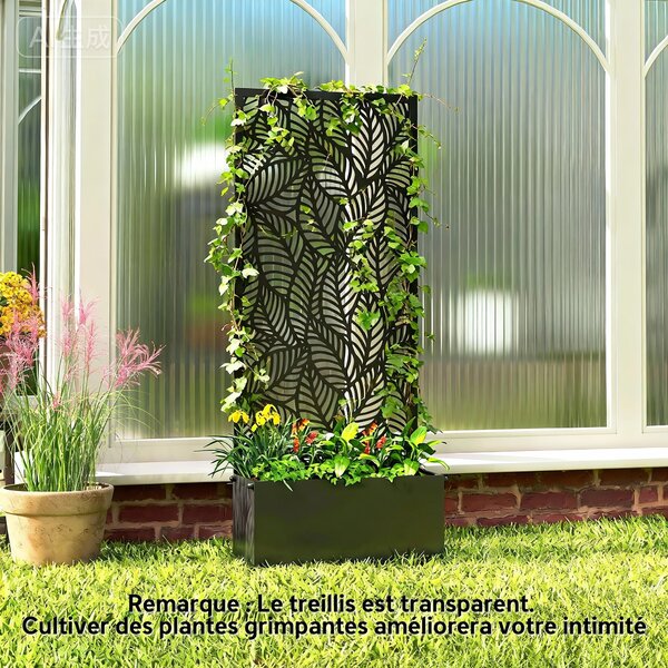 Outsunny kovový truhlík s mřížkou — vyvýšený záhon se zástěnou pro soukromí, listový vzor, 45 × 21,5 × 110 cm | Aosom