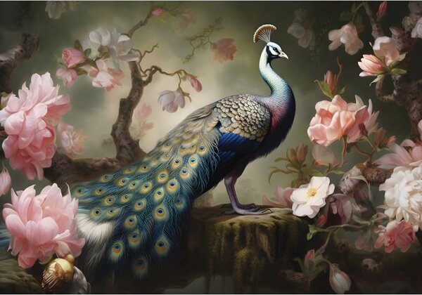 Postershop Fototapeta vliesová: Art Abstract Branches Flowers Birds Peacocks - 208x146 cm