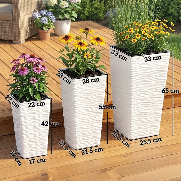 Outsunny sada 3 stohovatelných čtvercových venkovních květináčů s vlnitým vzorem a odtoky, 42/55/65 cm — bílá, černá, hnědá | Aosom