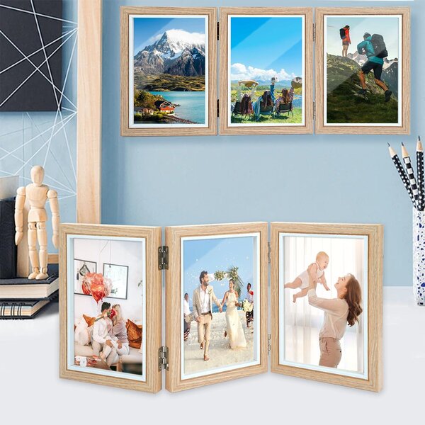 Rám na fotografie ze dřeva – trojité – 10 x 15 cm – skládací – pro koláž – s trojitým závěsem – ideální na svatbu