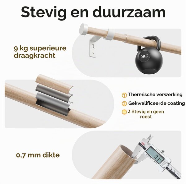 Dřevěné závěsové tyče pro závěsy s oky – 70-350 cm – Výsuvná závěsná tyč o průměru 19 mm s bílým povrchem – Vhodné do kuchyně
