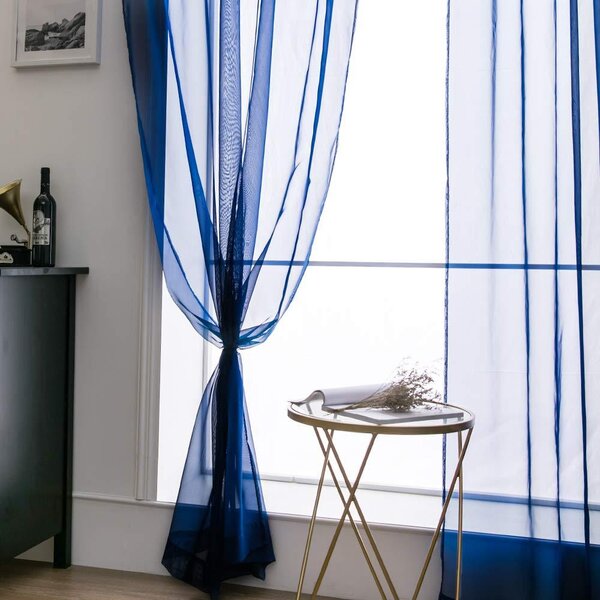 Panelen – Sada 2 kusů – Čistá barva – Průhledné závěsy – Hladká textura – Elegantní – Obývací pokoj – Tmavě modrá – S poutky pro tyč