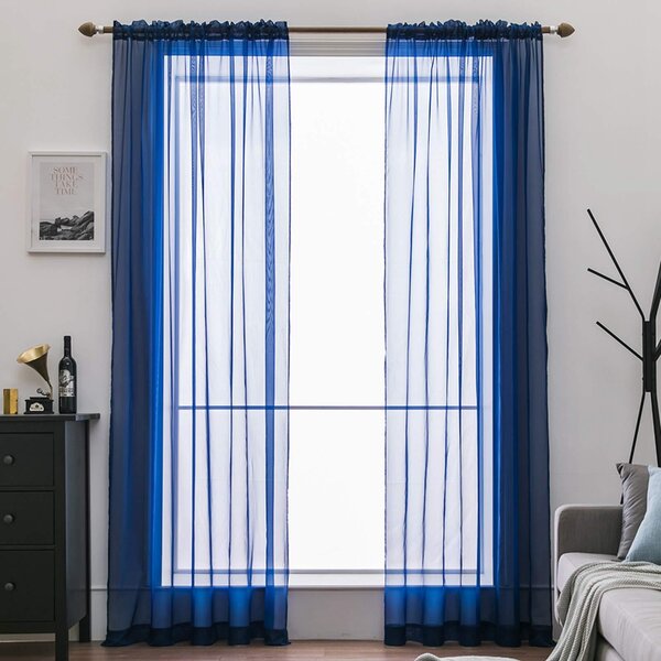 Panelen – Sada 2 kusů – Čistá barva – Průhledné závěsy – Hladká textura – Elegantní – Obývací pokoj – Tmavě modrá – S poutky pro tyč
