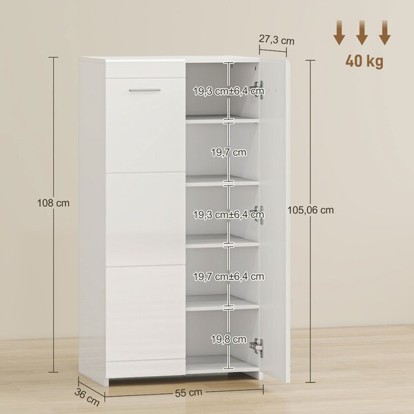 HOMCOM botník, 2 dveře, 5patrové úložiště na boty s nastavitelnými policemi, pojme 10 párů, bílý vysoký lesk, 55 × 36 × 108 cm | Aosom