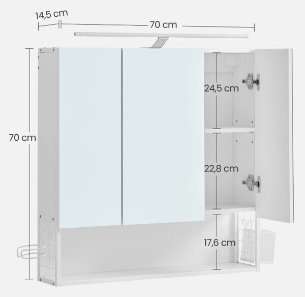 Bílá koupelnová skříňka se zrcadly a LED světlem 70 × 70 cm