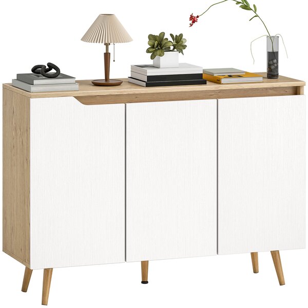 HOMCOM Komoda s 3 dvířky, 2 nastavitelnými policemi, 5 nohami z hevea, rustikální dub a bílá, 107 × 35 × 76,5 cm | Aosom