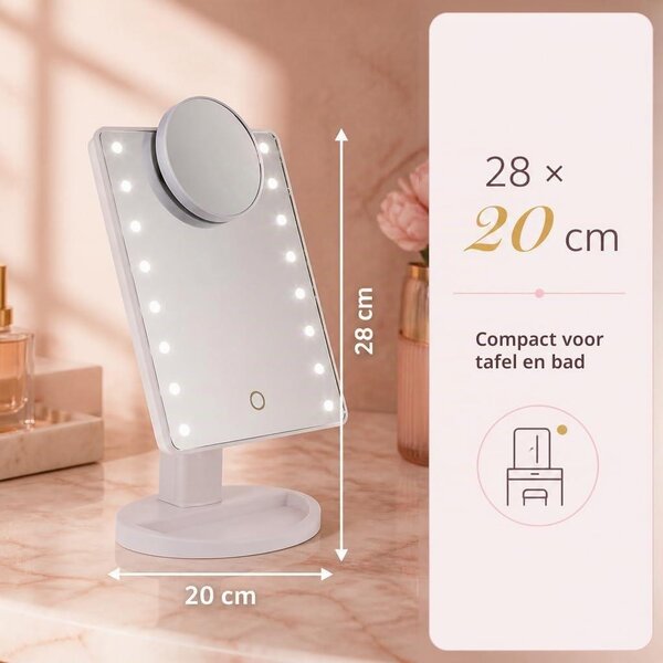 Kosmetické zrcadlo s 16 LED diodami - Zrcadlo s lupou, 5x zvětšení - Flexibilní nastavení - Rozměry 28 x 20 cm - Bílá barva