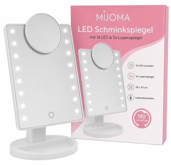 Kosmetické zrcadlo s 16 LED diodami - Zrcadlo s lupou, 5x zvětšení - Flexibilní nastavení - Rozměry 28 x 20 cm - Bílá barva