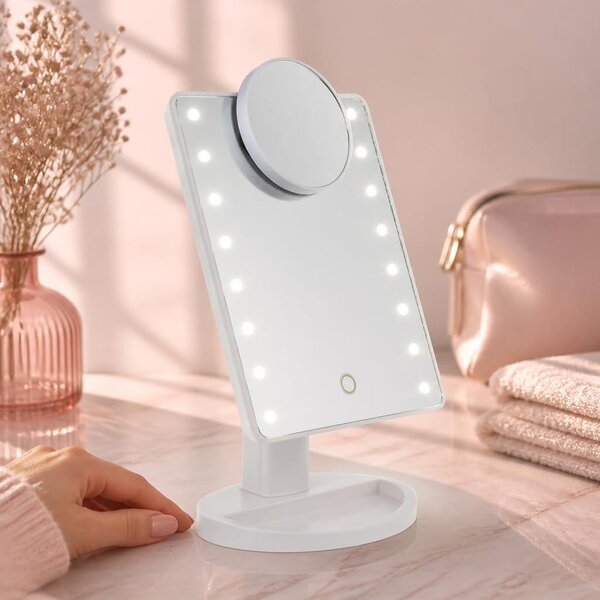 Kosmetické zrcadlo s 16 LED diodami - Zrcadlo s lupou, 5x zvětšení - Flexibilní nastavení - Rozměry 28 x 20 cm - Bílá barva