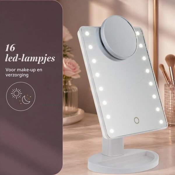 Kosmetické zrcadlo s 16 LED diodami - Zrcadlo s lupou, 5x zvětšení - Flexibilní nastavení - Rozměry 28 x 20 cm - Bílá barva