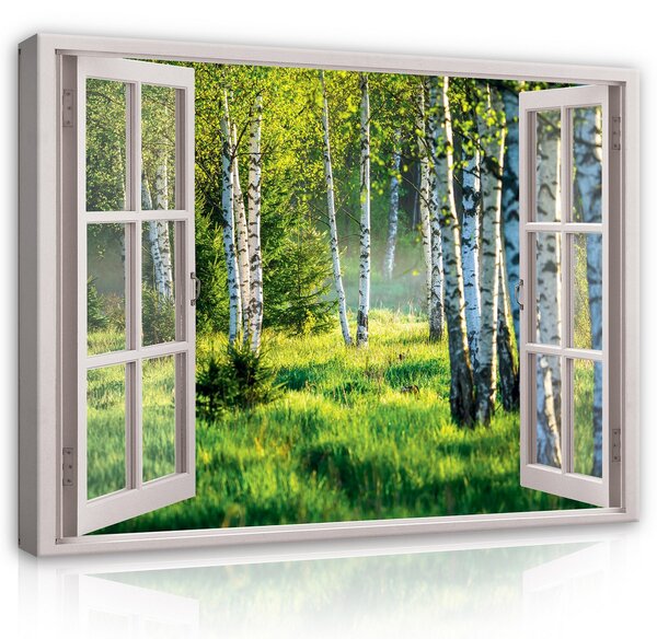Postershop Obraz na plátně: 3D Effect Window View Birch Forest - 80x60 cm