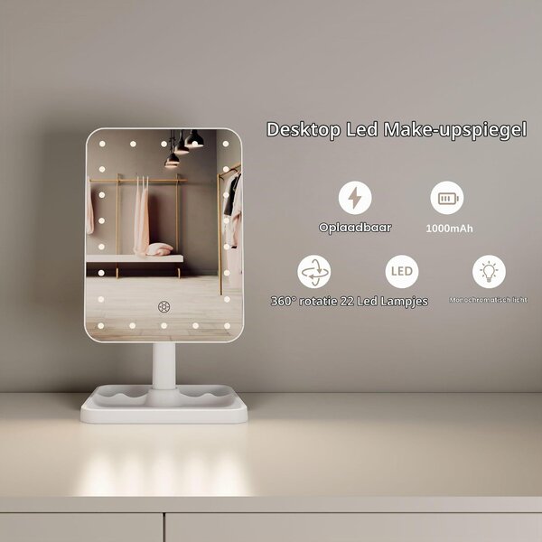 Bezdrátové zrcadlo na líčení s 22 LED diodami – otočné o 360° – dotykové ovládání – stmívatelné světlo – nabíjení přes USB-C