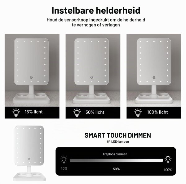 Bezdrátové zrcadlo na líčení s 22 LED diodami – otočné o 360° – dotykové ovládání – stmívatelné světlo – nabíjení přes USB-C