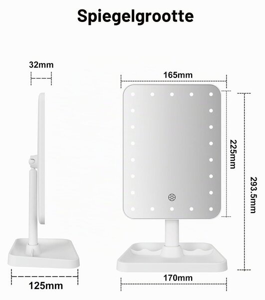 Bezdrátové zrcadlo na líčení s 22 LED diodami – otočné o 360° – dotykové ovládání – stmívatelné světlo – nabíjení přes USB-C
