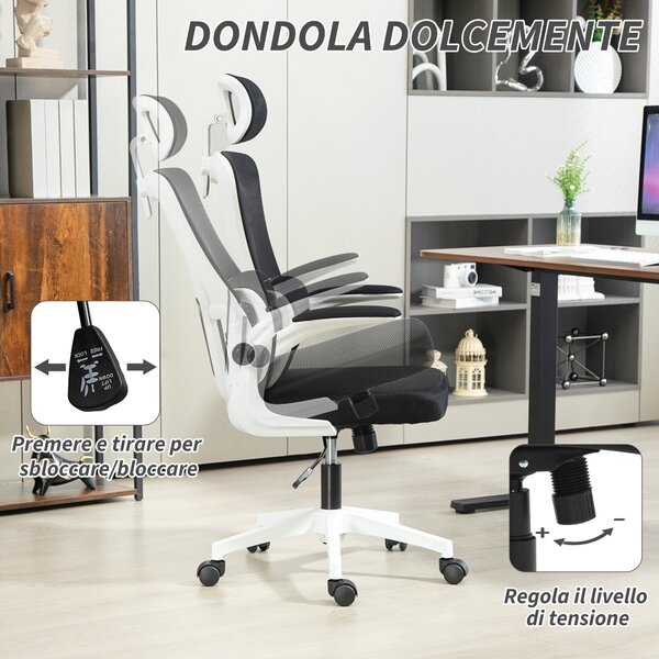 Ergonomická kancelářská židle Vinsetto s bederní oporou, sklápěcí opěrky na ruce, nastavitelnou opěrkou hlavy, otáčecí a naklápěcí židle s vysokým opě