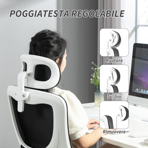 Ergonomická kancelářská židle Vinsetto s bederní oporou, sklápěcí opěrky na ruce, nastavitelnou opěrkou hlavy, otáčecí a naklápěcí židle s vysokým opě