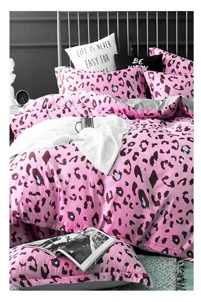 Růžové prodloužené čtyřdílné bavlněné povlečení na dvoulůžko s prostěradlem 200x220 cm Leopard – Mila Home
