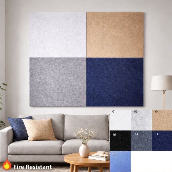Velkoformátový akustický panel z plsti Bilnora 120 × 120 × 1,2 cm pro souvislé stěny ve 7 barvách