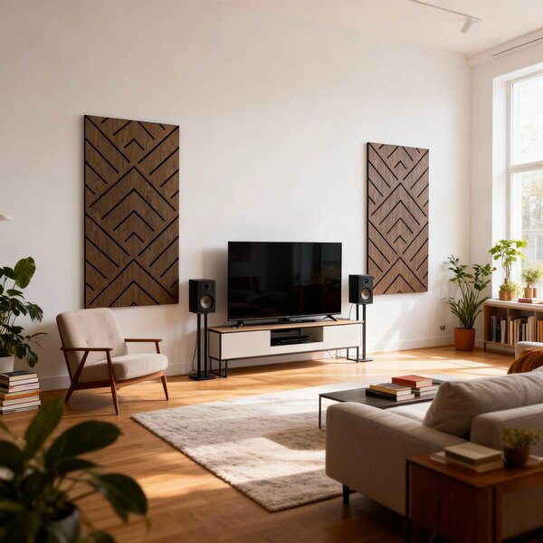 Samolepicí akustický panel s V-vzorem z tmavého dubu Freja 120 × 60 × 0,9 cm s diagonálou z pravé dýhy na stěnu