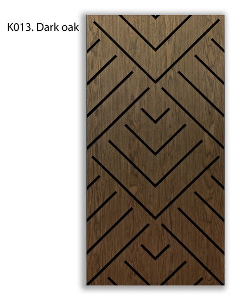 Samolepicí akustický panel s V-vzorem z tmavého dubu Freja 120 × 60 × 0,9 cm s diagonálou z pravé dýhy na stěnu