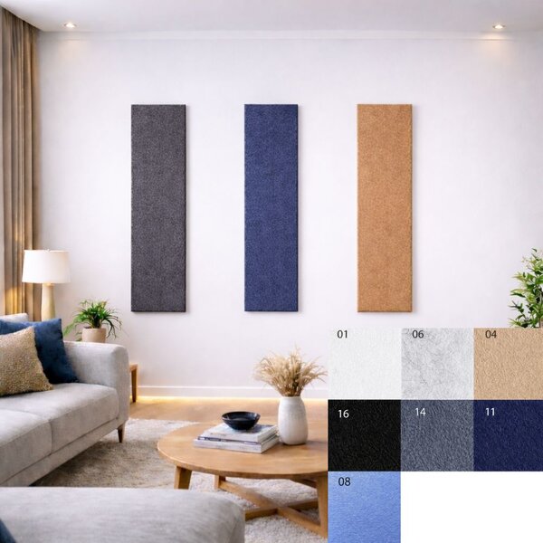 Úzký akustický panel z plsti Bilnora 120 × 30 × 1,2 cm na stěnu v 7 barvách k nalepení nebo přišroubování