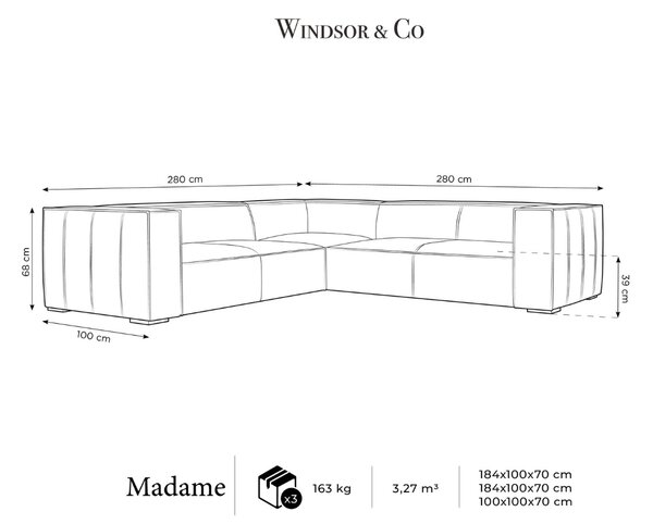 Tmavě hnědá kožená rohová pohovka Windsor & Co Madame 280 cm, levá/pravá