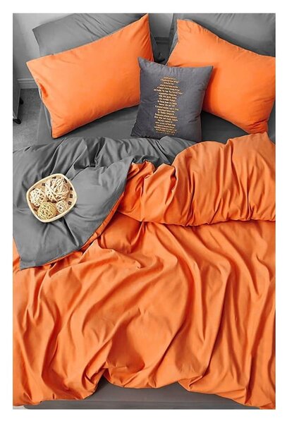 Oranžovo-šedé prodloužené čtyřdílné bavlněné povlečení na dvoulůžko s prostěradlem 200x220 cm – Mila Home