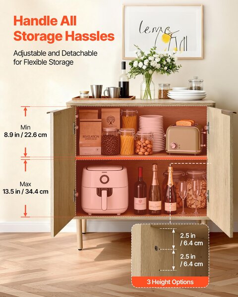 VEVOR Sideboard kuchyňská skříň se 2 odkládacími plochami, bufetová skříň ve středověkém stylu do obývacího pokoje, vstupní haly, kuchyně, úložná skříň 80 x 37,5 x 80 cm dubová kuchyňská bufetová skříň
