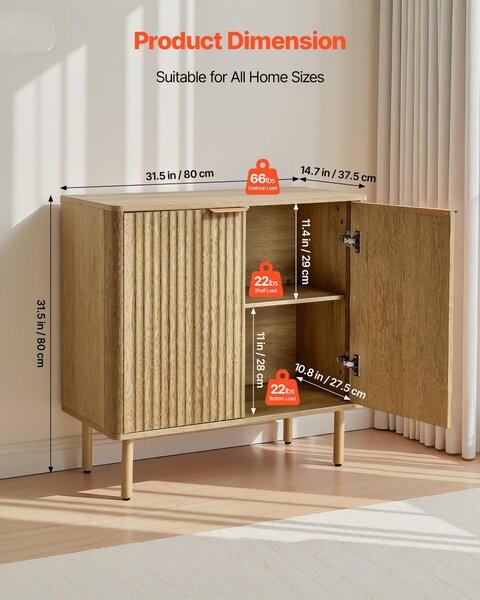 VEVOR Sideboard kuchyňská skříň se 2 odkládacími plochami, bufetová skříň ve středověkém stylu do obývacího pokoje, vstupní haly, kuchyně, úložná skříň 80 x 37,5 x 80 cm dubová kuchyňská bufetová skříň