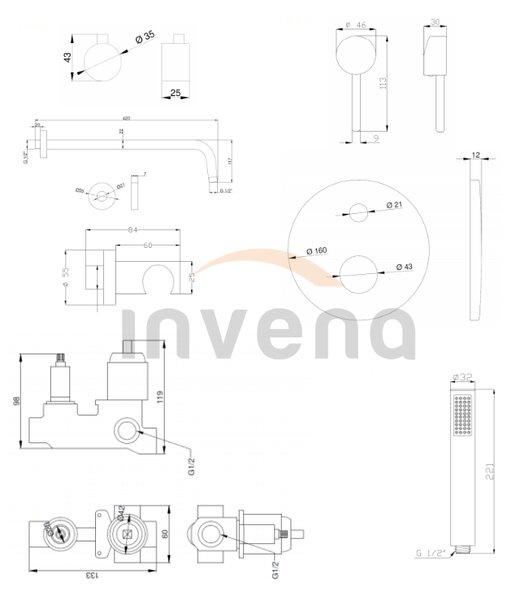 Invena Dafni, podomítková sprchová sada s dešťovou hlavovou sprchou 25cm, chrom lesklý, INV-BS-88-0O2-A