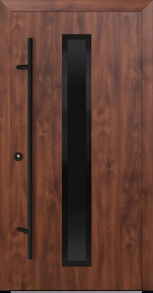 Vchodové dveře s ocelovým opláštěním FM Turen model DS21 blackline Orientace dveří: Levé, otevírání dovnitř, Dekor: Ořech, Standardní rozměr dveří včetně rámu: 98 cm x 208 cm - vnější rozměr rámu