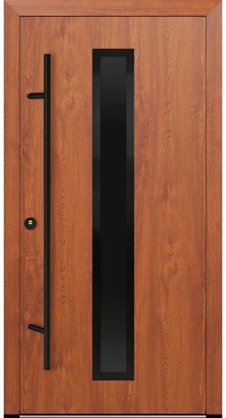 Vchodové dveře s ocelovým opláštěním FM Turen model DS21 blackline Orientace dveří: Levé, otevírání dovnitř, Dekor: Zlatý dub, Standardní rozměr dveří včetně rámu: 98 cm x 208 cm - vnější rozměr rámu