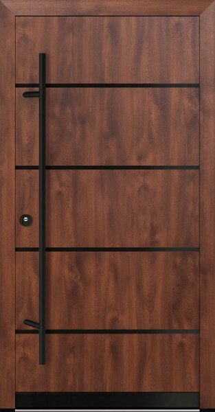 Vchodové dveře s ocelovým opláštěním FM Turen model DS22 blackline Orientace dveří: Levé, otevírání dovnitř, Dekor: Ořech, Standardní rozměr dveří včetně rámu: 98 cm x 208 cm - vnější rozměr rámu