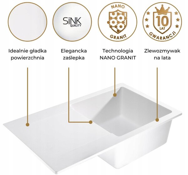 Sink Quality Ferrum, kuchyňský granitový dřez 770x450x190 mm + černý sifon, bílá, SKQ-FER.W.1KDO.XB