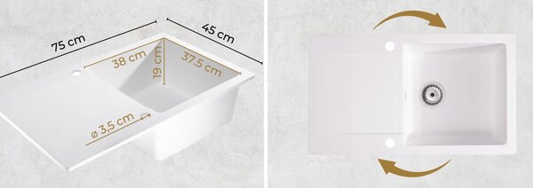 Sink Quality Ferrum, kuchyňský granitový dřez 770x450x190 mm + černý sifon, bílá, SKQ-FER.W.1KDO.XB
