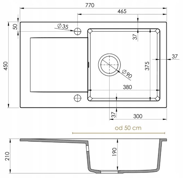 Sink Quality Ferrum, kuchyňský granitový dřez 770x450x190 mm + černý sifon, bílá, SKQ-FER.W.1KDO.XB