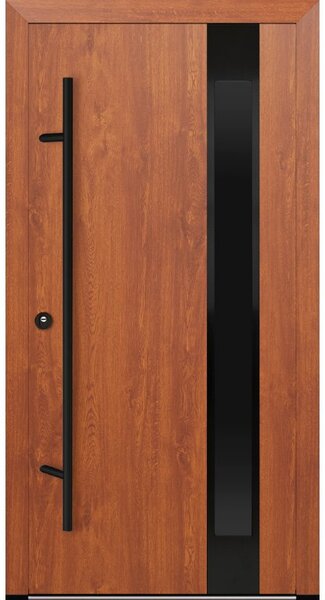 Vchodové dveře s ocelovým opláštěním FM Turen model DS24 blackline Orientace dveří: Levé, otevírání dovnitř, Dekor: Zlatý dub, Standardní rozměr dveří včetně rámu: 98 cm x 208 cm - vnější rozměr rámu