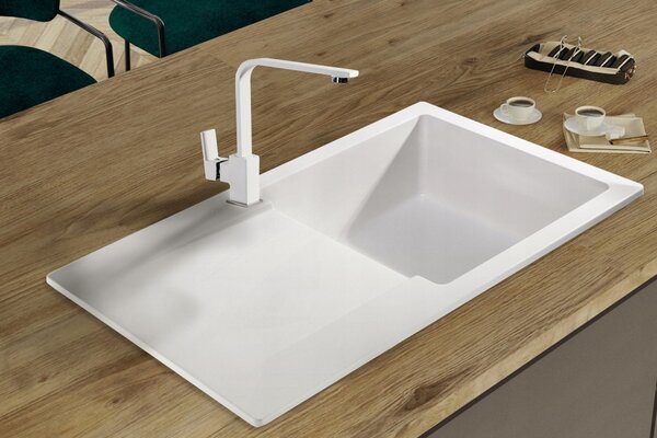 Sink Quality Ferrum, kuchyňský granitový dřez 770x450x190 mm + černý sifon, bílá, SKQ-FER.W.1KDO.XB